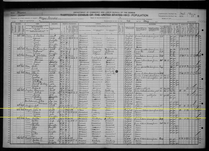 1910 Census; JH Wright Family highlighted