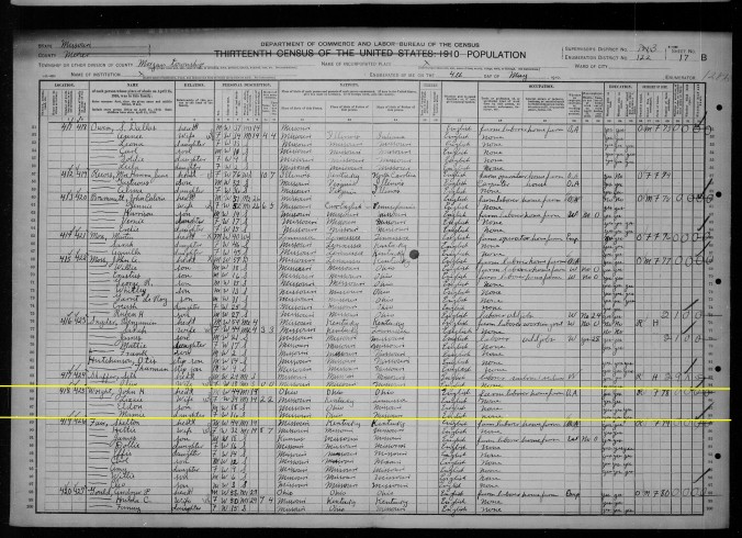 1910 Census; JH Wright Family highlighted